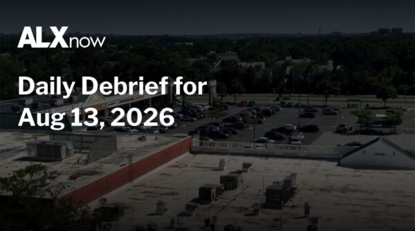 ALXnow Daily Debrief for Aug 13, 2026 over an aerial rooftop parking lot view with branding text