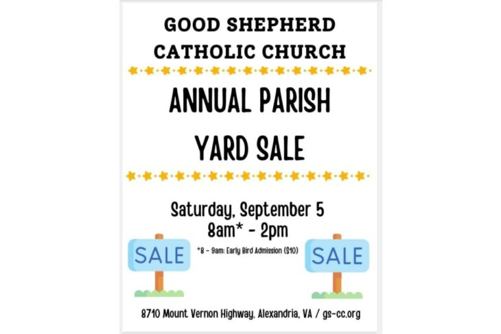 Flyer for Good Shepherd Catholic Church Annual Parish Yard Sale with star decorations and event details: date, time, and location.