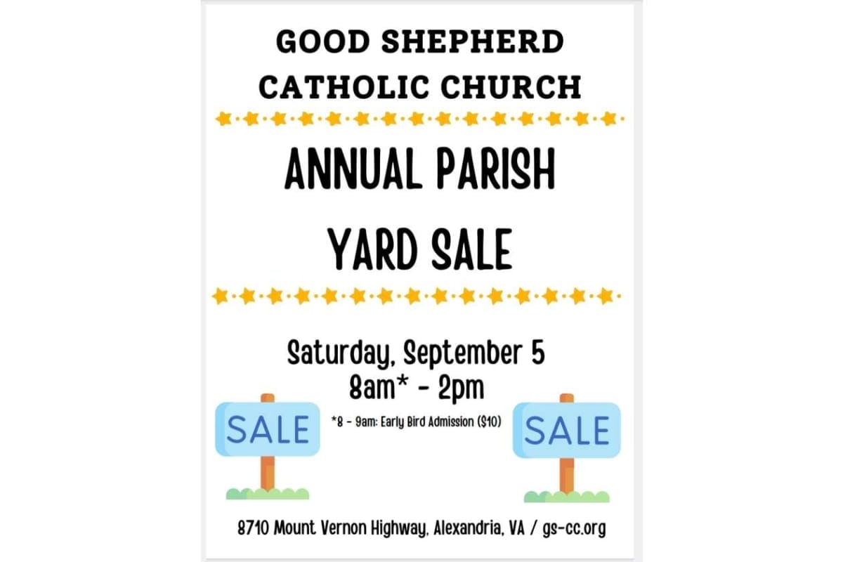 Flyer for Good Shepherd Catholic Church Annual Parish Yard Sale with star decorations and event details: date, time, and location.