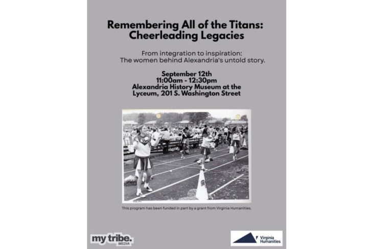Poster for Remembering All of the Titans: Cheerleading Legacies with a black-and-white photo of cheerleaders on a track and event details at the top paragraph area.