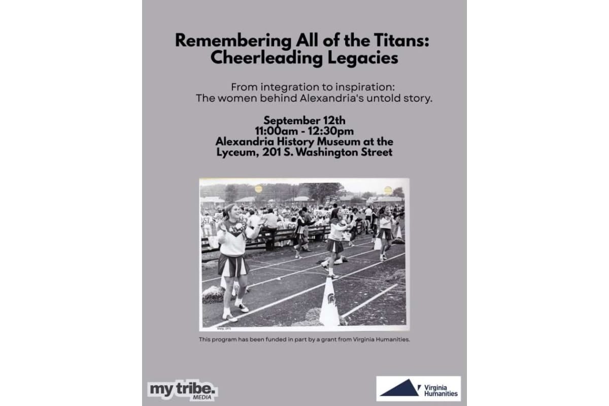 Poster for Remembering All of the Titans: Cheerleading Legacies with a black-and-white photo of cheerleaders on a track and event details at the top paragraph area.