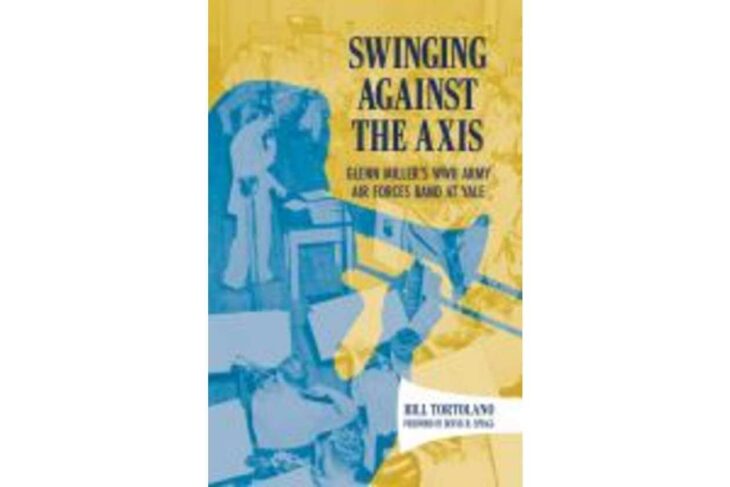 WWII-era poster 'Swinging Against the Axis' with blue silhouettes on a yellow background.