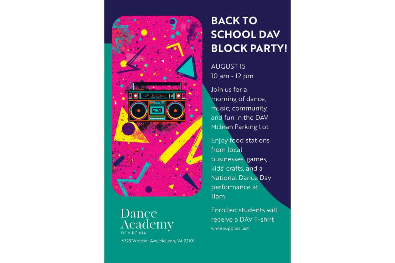 Poster advertising a Back to School DAV Block Party with a vibrant pink panel, retro boombox graphic, and event details on a dark blue background.