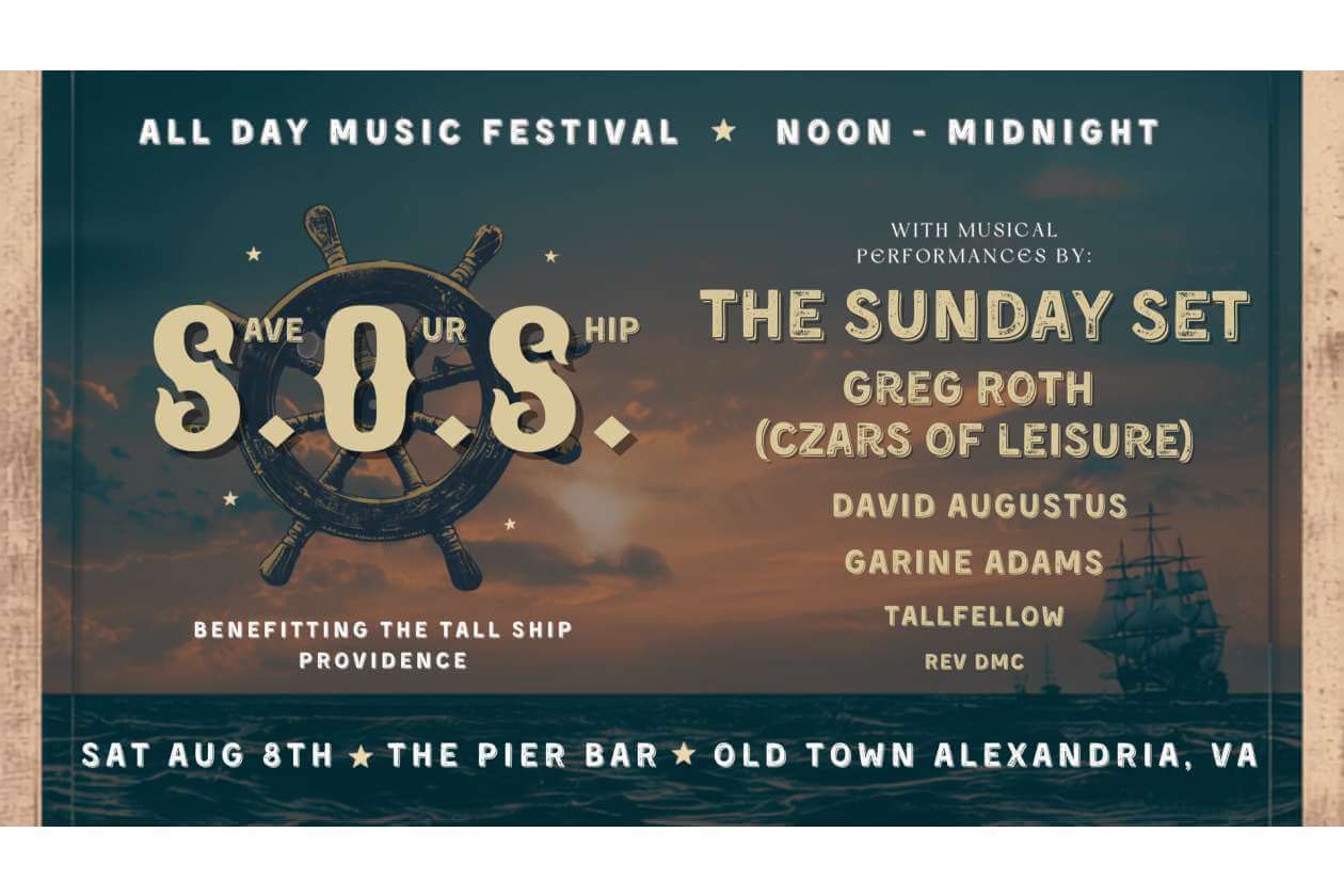 All-day music festival poster with a ship-wheel design, announcing The Sunday Set and other acts at The Pier Bar, Alexandria, VA.