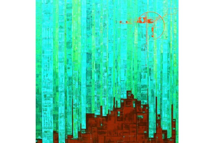Abstract digital artwork: turquoise vertical bars rising from a dark red jagged base with an orange circular target in the upper-right corner.