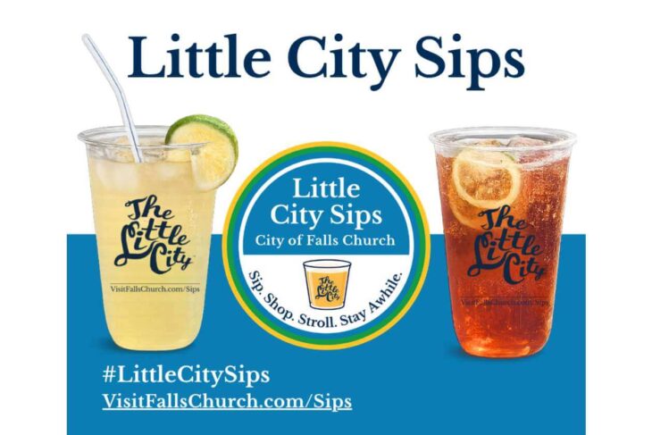 Two drink cups flank a central Little City Sips logo on a blue background, with a lemon-lime and orange slice garnish and the hashtag #LittleCitySips.