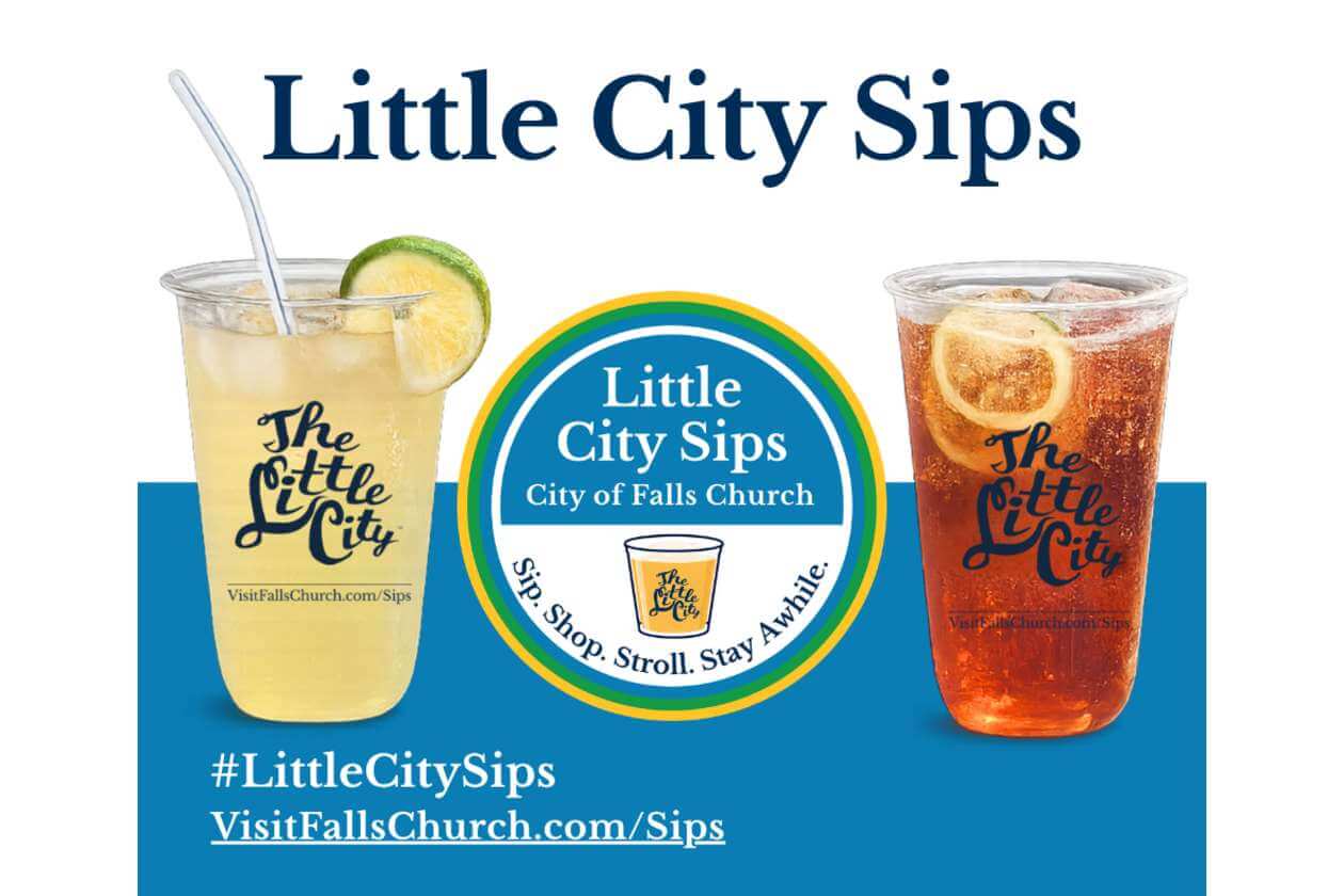 Two drink cups flank a central Little City Sips logo on a blue background, with a lemon-lime and orange slice garnish and the hashtag #LittleCitySips.