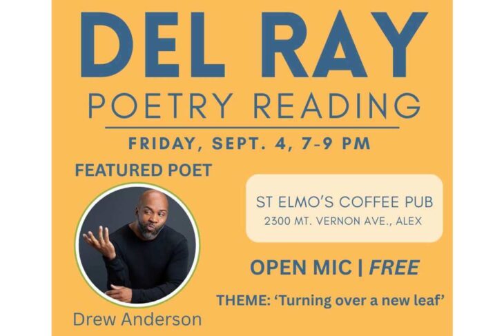 Poster for Del Ray Poetry Reading featuring Drew Anderson; open mic, free, at St. Elmo's Coffee Pub, 2300 Mt. Vernon Ave (Alexandria), theme 'Turning over a new leaf'.