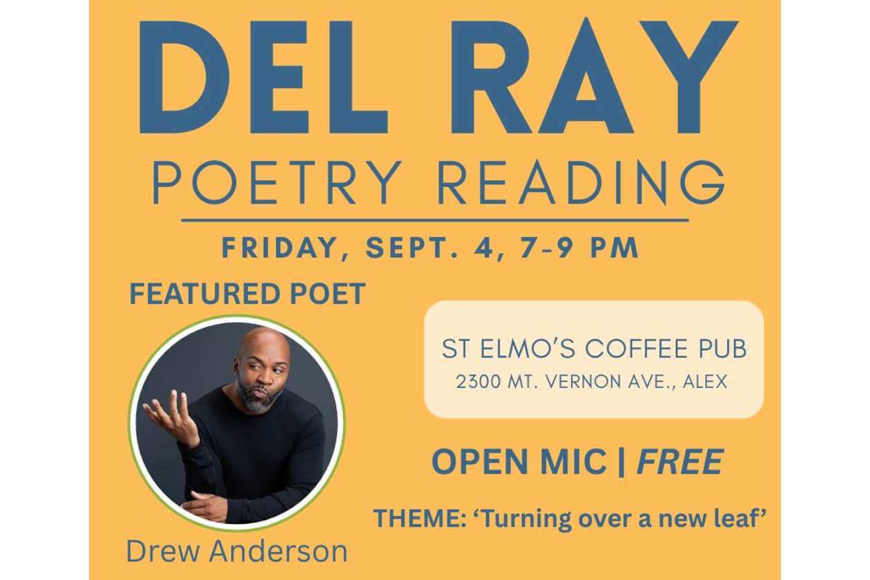 Poster for Del Ray Poetry Reading featuring Drew Anderson; open mic, free, at St. Elmo's Coffee Pub, 2300 Mt. Vernon Ave (Alexandria), theme 'Turning over a new leaf'.