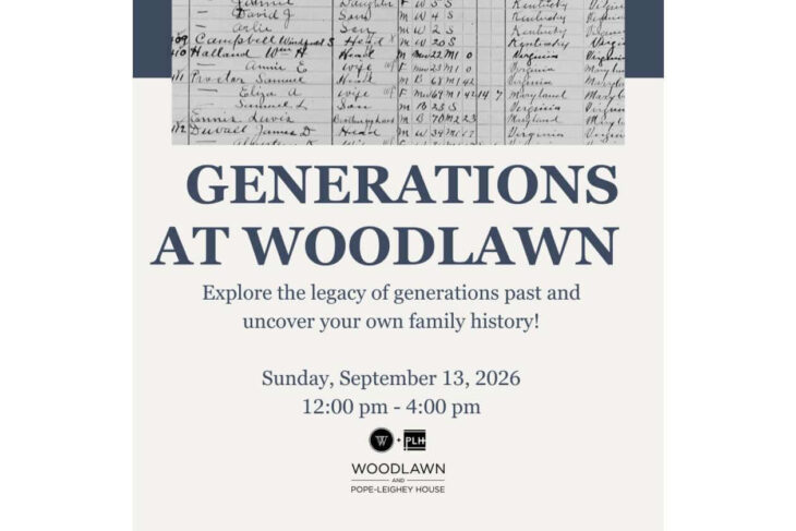 Poster for 'Generations at Woodlawn' family history event with date and time (Sept. 13, 2026, 12:00–4:00 pm) and venue logos at bottom