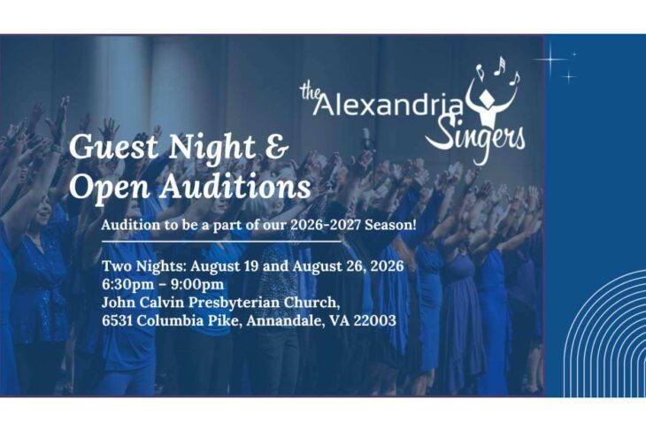 Poster for The Alexandria Singers announcing Guest Night & Open Auditions for the 2026–2027 season; Aug 19 & 26, 6:30–9pm, John Calvin Presbyterian Church, Annandale, VA