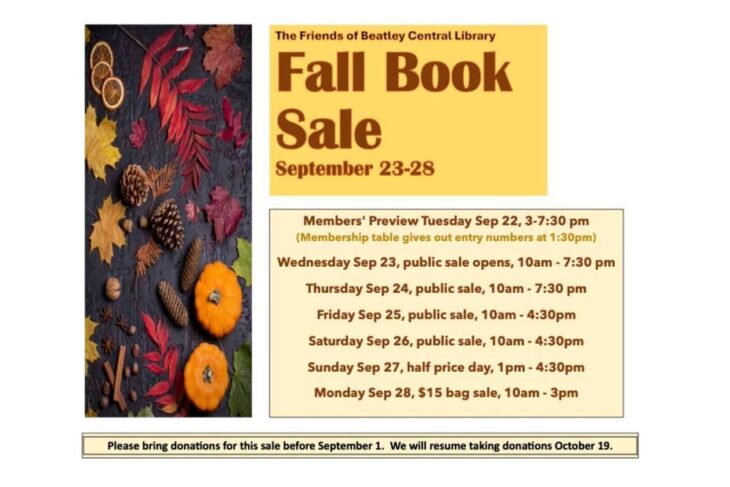 Library fall book sale flyer with autumn leaves on the left and a yellow 'Fall Book Sale' banner; includes dates Sept 23–28 and daily hours.