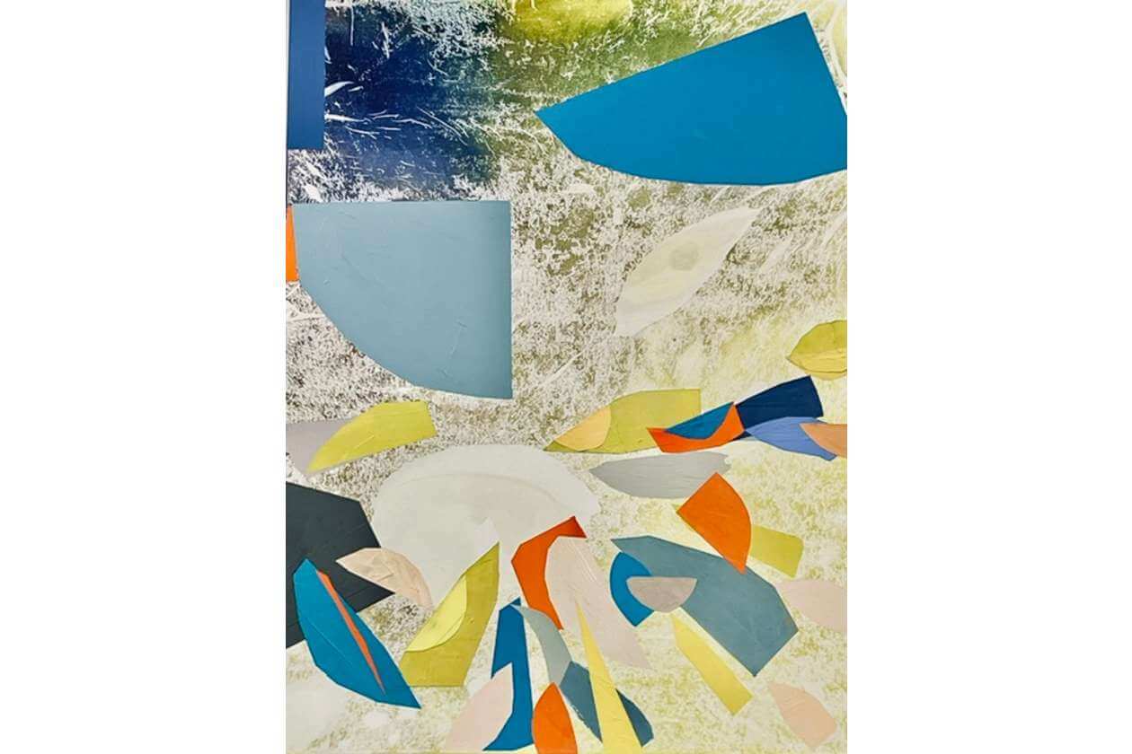 Abstract collage of colorful geometric shapes scattered over a mottled light background (blue, teal, yellow, orange pieces).