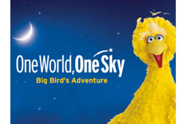 Big Bird against a dark night sky with a crescent moon, next to the title 'One World, One Sky' and subtitle 'Big Bird's Adventure'.