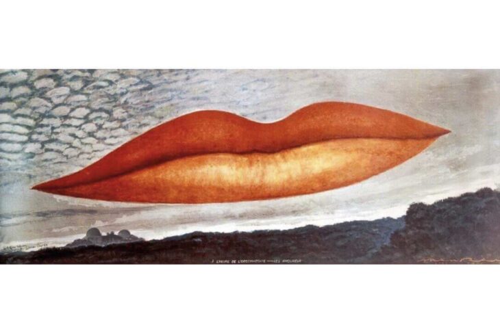 Surreal painting of large red lips floating across a cloudy sky above a dark landscape, conveying a dreamlike or romantic mood.