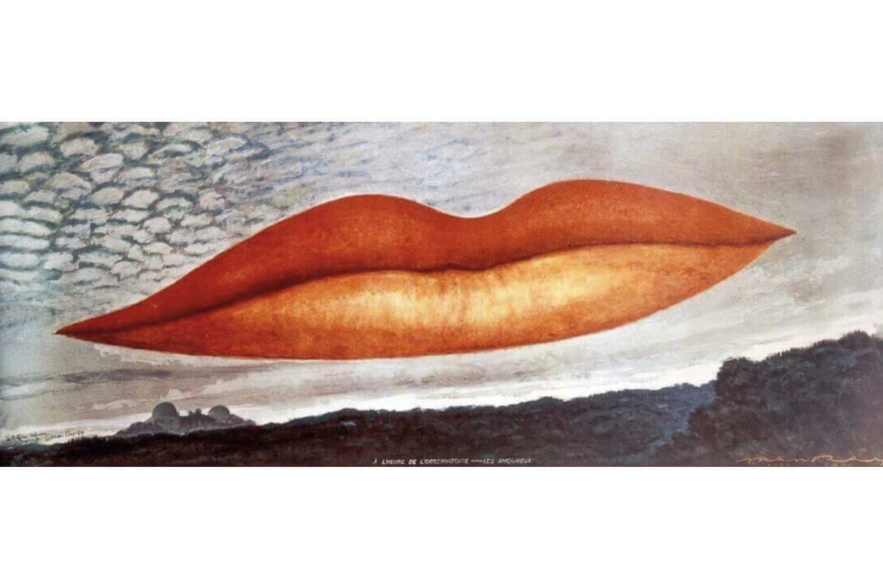 Surreal painting of large red lips floating across a cloudy sky above a dark landscape, conveying a dreamlike or romantic mood.