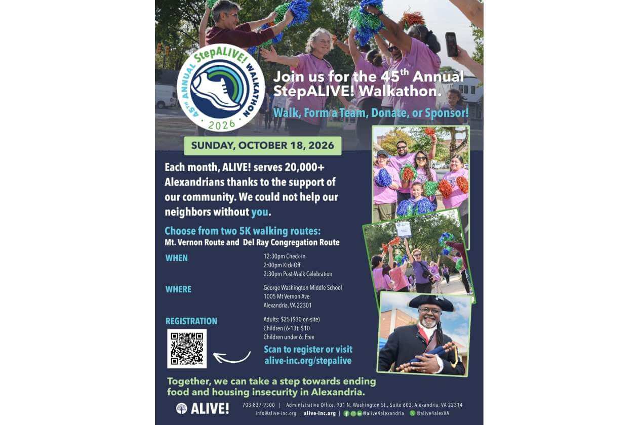 Poster for the 45th Annual StepALIVE Walkathon on Sunday, Oct 18, 2026, with call to walk or sponsor and routes listed.