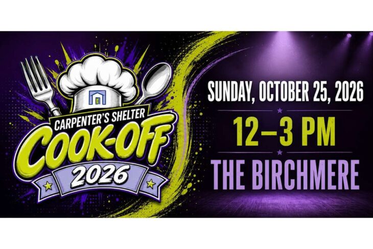 Cook-Off 2026 event poster for Carpenter's Shelter: Oct 25, 12–3 PM at The Birchmere, with chef hat and cooking utensils.
