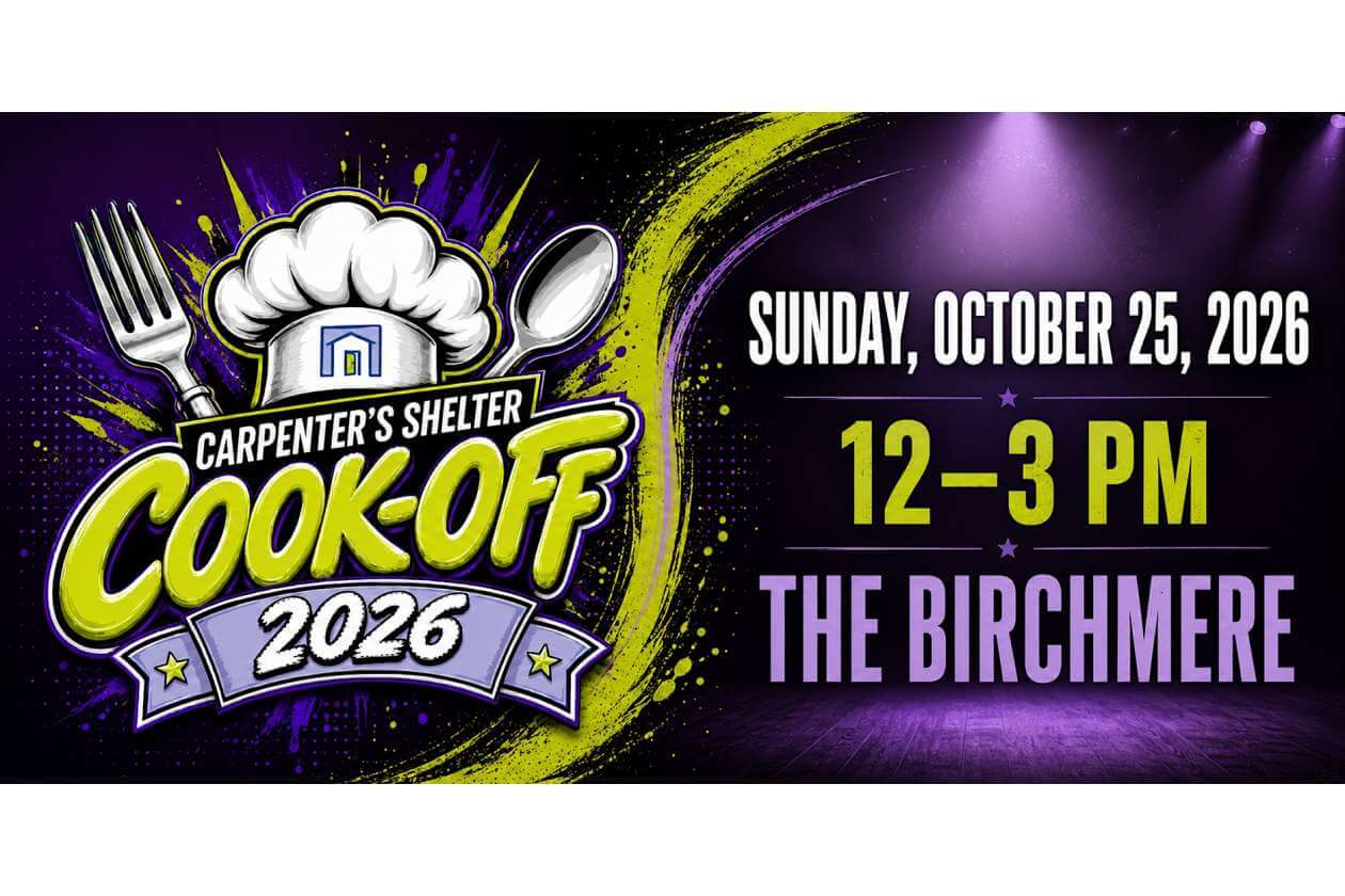 Cook-Off 2026 event poster for Carpenter's Shelter: Oct 25, 12–3 PM at The Birchmere, with chef hat and cooking utensils.