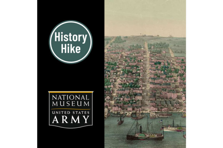 Cover image for History Hike in collaboration with the National Museum of the United States Army; left shows History Hike logo on black, right features a vintage harbor city illustration.