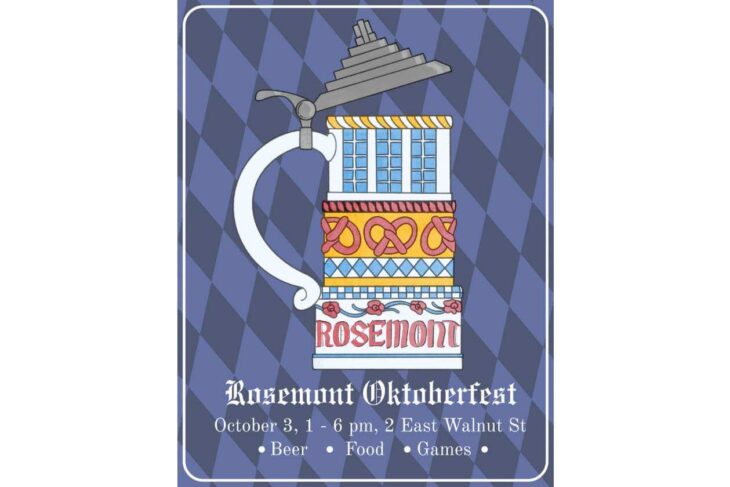 Rosemont Oktoberfest poster featuring a tall decorative beer stein on a blue diamond-pattern background with event details.