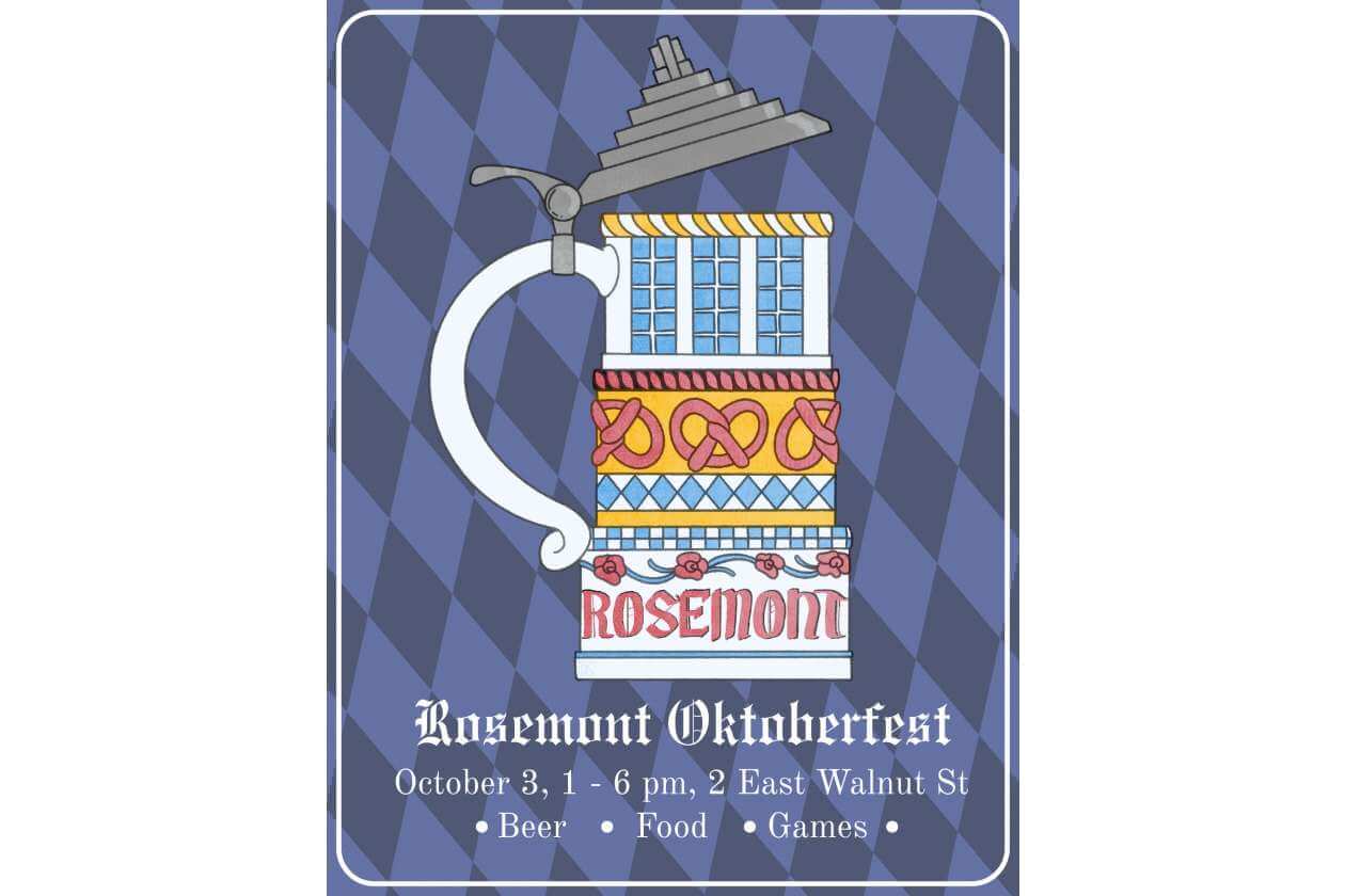 Rosemont Oktoberfest poster featuring a tall decorative beer stein on a blue diamond-pattern background with event details.