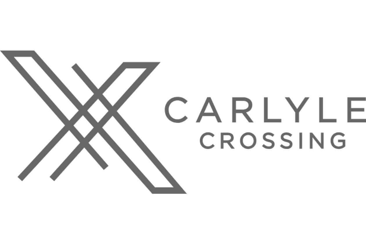 Carlyle Crossing logo with abstract gray X-shaped lines and the wordmark to the right: CARLYLE CROSSING.