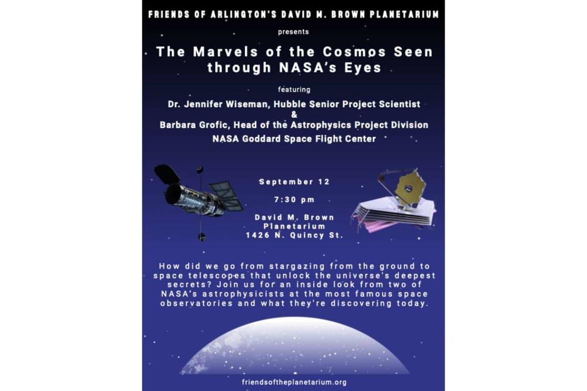 Event poster for a space talk: The Marvels of the Cosmos Seen through NASA's Eyes, with speakers Wiseman and Grofic, at David M. Brown Planetarium.”