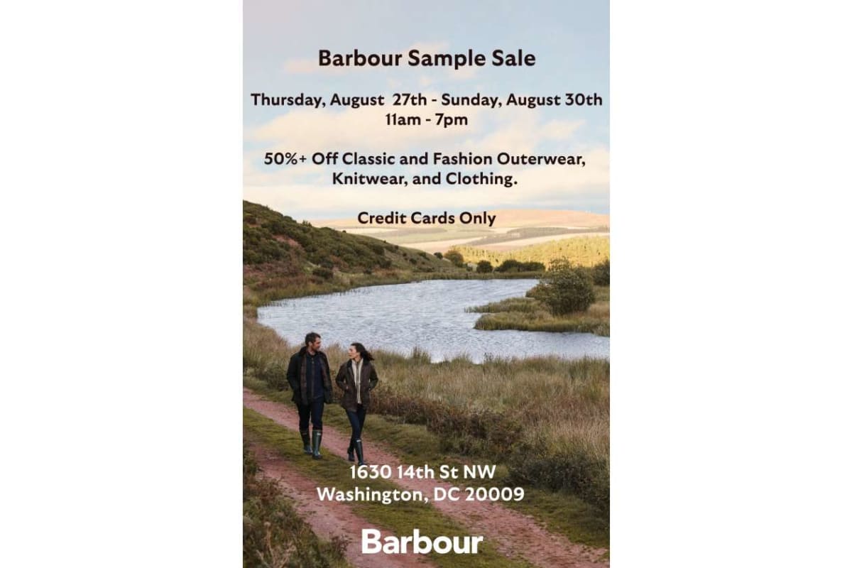 Barbour Sample Sale poster with dates, hours (Aug 27–30, 11am–7pm), 50% off outerwear, Credit Cards Only, over a rural river landscape with a couple walking on a path.