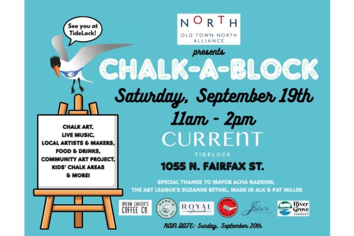 Poster for Chalk-A-Block event with chalk-themed title, date, time, and location at Current TideLock, 1055 N. Fairfax St.