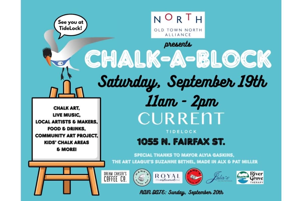 Poster for Chalk-A-Block event with chalk-themed title, date, time, and location at Current TideLock, 1055 N. Fairfax St.