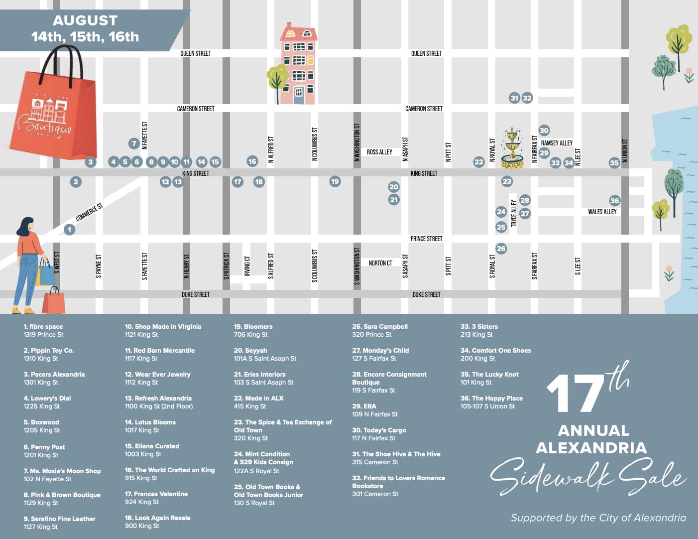 Summer Sidewalk Sale | ALXnow Downtown Alexandria sidewalk sale map for August 14–16 with store locations numbered and a shopper illustration in the corner (17th Annual Sidewalk Sale).