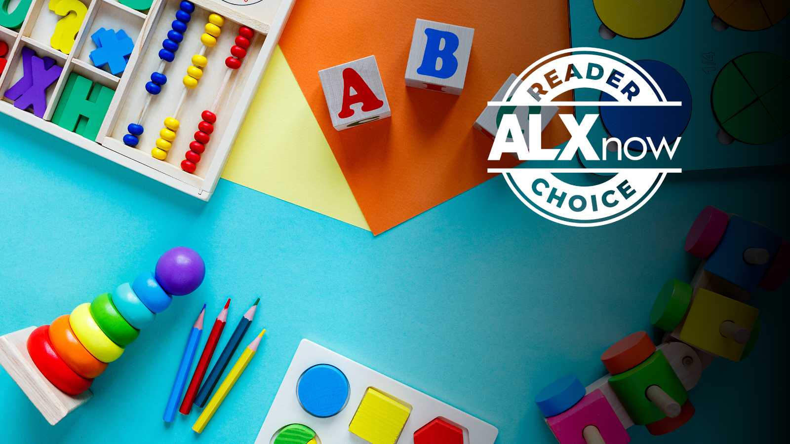 Colorful classroom toys on a bright blue surface with ABC blocks, beads, pencils, and a 'Reader ALXnow Choice' badge in the corner.
