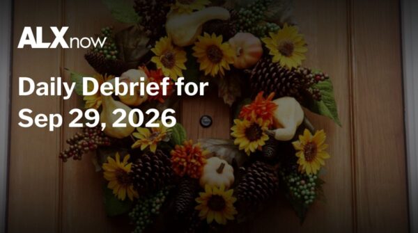 ALXnow Daily Debrief banner with a fall wreath of sunflowers, pumpkins and pinecones on a wooden door (Sep 29, 2026).