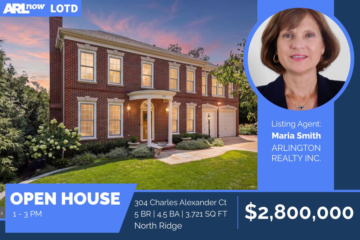 Open house banner: brick two-story home with a manicured lawn; listing agent Maria Smith, Arlington Realty Inc.; price $2,800,000, North Ridge address included