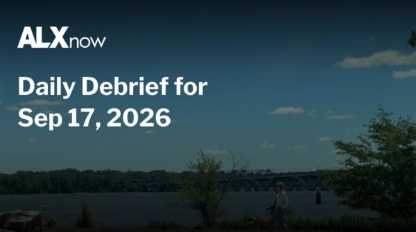 ALXnow header banner reading 'Daily Debrief for Sep 17, 2026' in large white text over a river landscape with a bridge; a person walks along the shore in the foreground.
