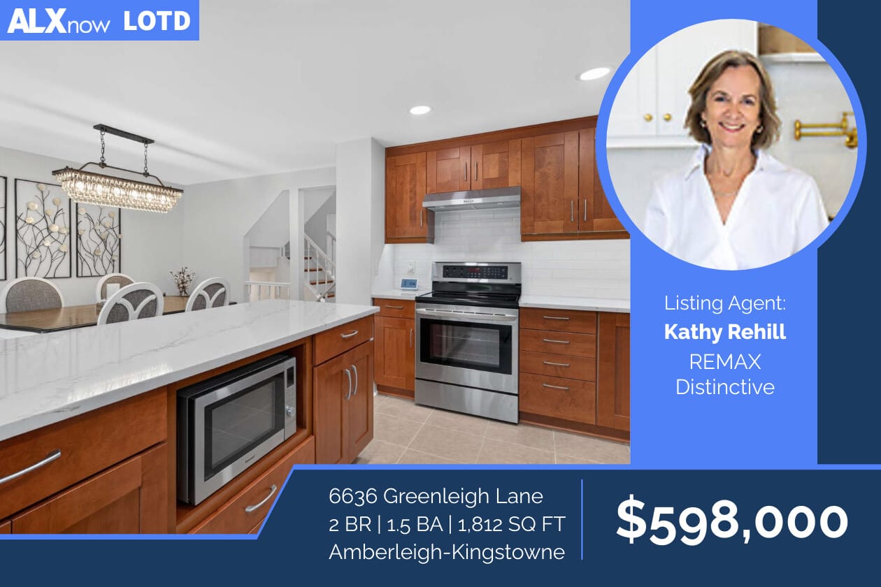 Modern kitchen with marble island and stainless appliances; right panel shows listing agent Kathy Rehill, $598,000, 6636 Greenleigh Lane, 2 BR 1.5 BA, 1812 SF.