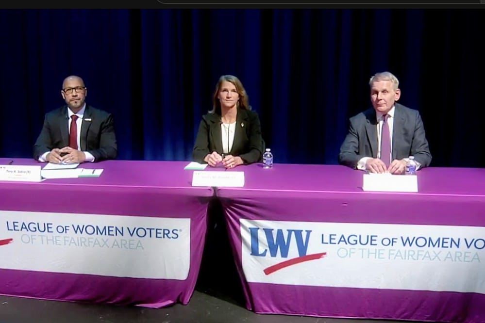 Three panelists sit at a long purple table on a stage with a blue curtain backdrop and LWV banners visible on the front.