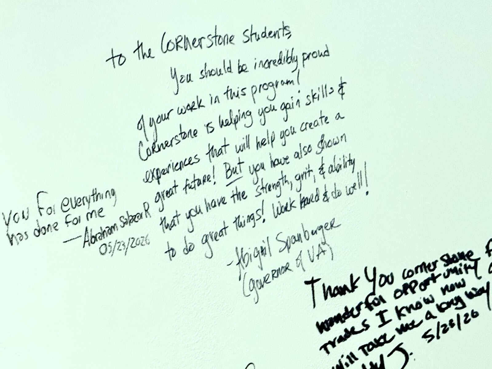 Handwritten note on pale green paper praising Cornerstone students and their future skills.