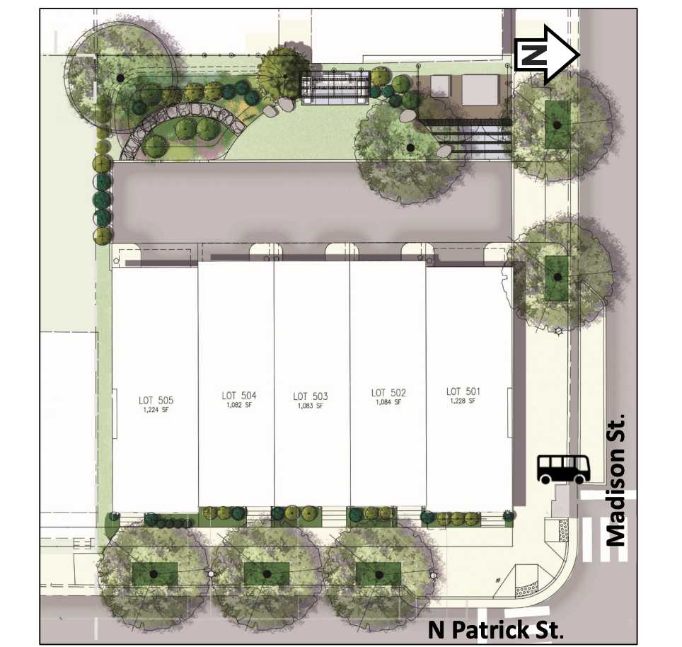Top-down site plan showing five adjacent lots (Lot 505 to Lot 501) along N Patrick St with Madison St on the east. Features include parking, sidewalks, trees, and landscaped areas, plus a curved garden, a bus area, and an arrow indicating north.