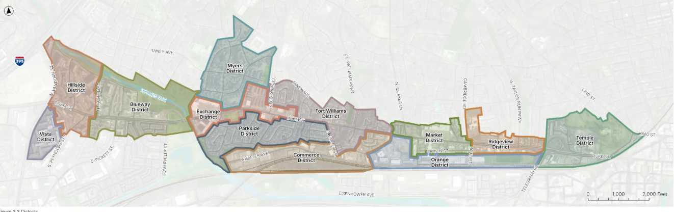 The Duke Street Land Use Plan draft shows distinct districts for the corridor (via City of Alexandria) | ALXnow Color-coded city map showing multiple districts along a river, with district labels like Hillside, Vista, Exchange, and more.
