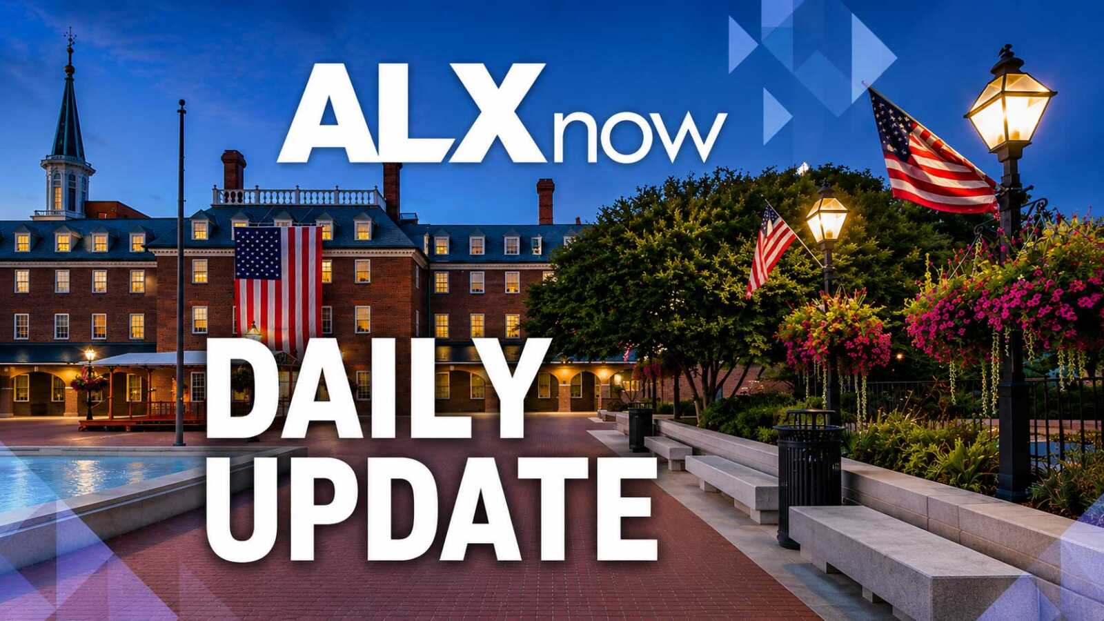 ALXnow Daily Update banner over a brick-campus plaza with American flags at dusk.
