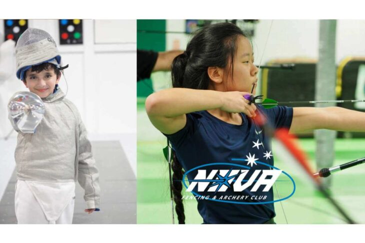 Two children practicing sports: a young fencer in silver gear on the left and a girl drawing a bow on the right, with Nova Fencing & Archery Club logo overlay.