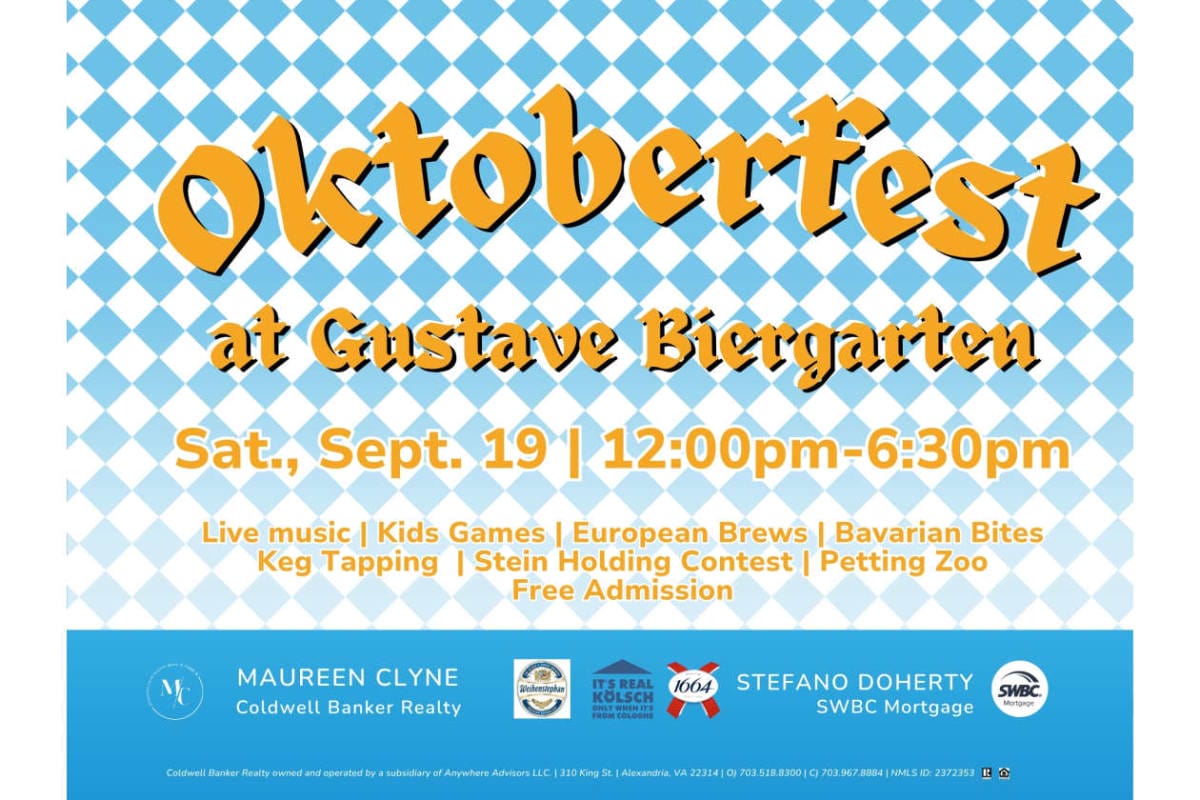 Poster for Oktoberfest at Gustave Biergarten with date Sat Sept 19, 12:00pm–6:30pm and listed activities; free admission.