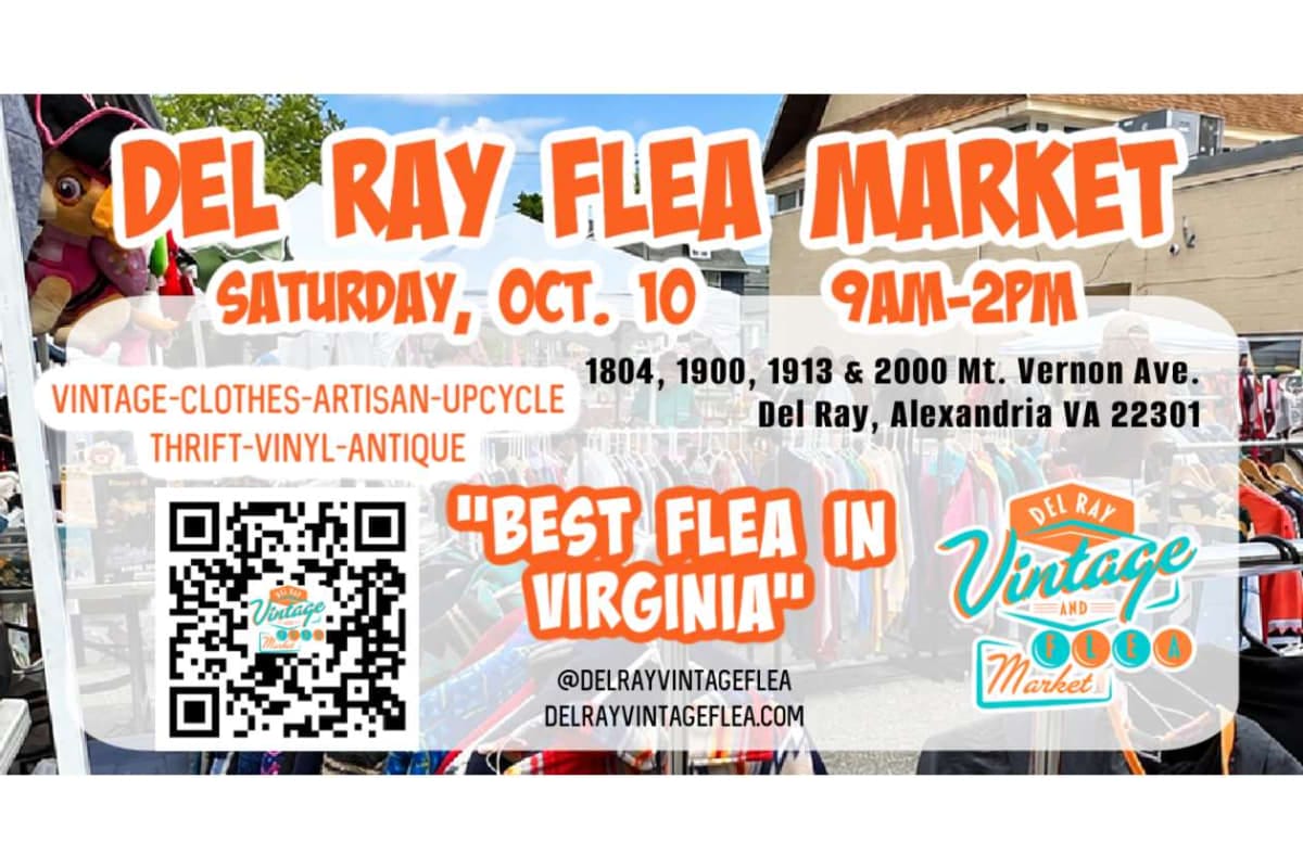 Del Ray Vintage Flea Market flyer announcing Saturday Oct 10, 9am–2pm at Mt. Vernon Ave in Del Ray, Alexandria VA, with a QR code and bold orange banners.