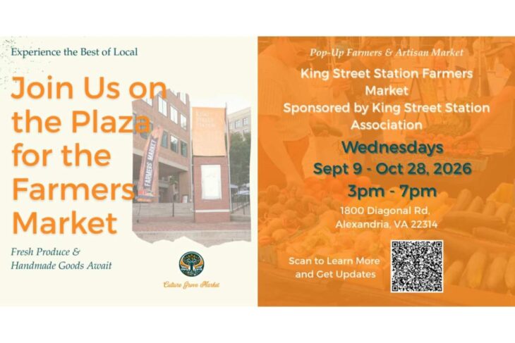 Two-panel promotional flyer for King Street Station Farmers Market: left panel invites 'Join Us on the Plaza for the Farmers Market' with a building image; right panel lists Wednesdays, Sept 9–Oct 28, 2026, 3pm–7pm, 1800 Diagonal Rd, Alexandria VA, plus a QR code.
