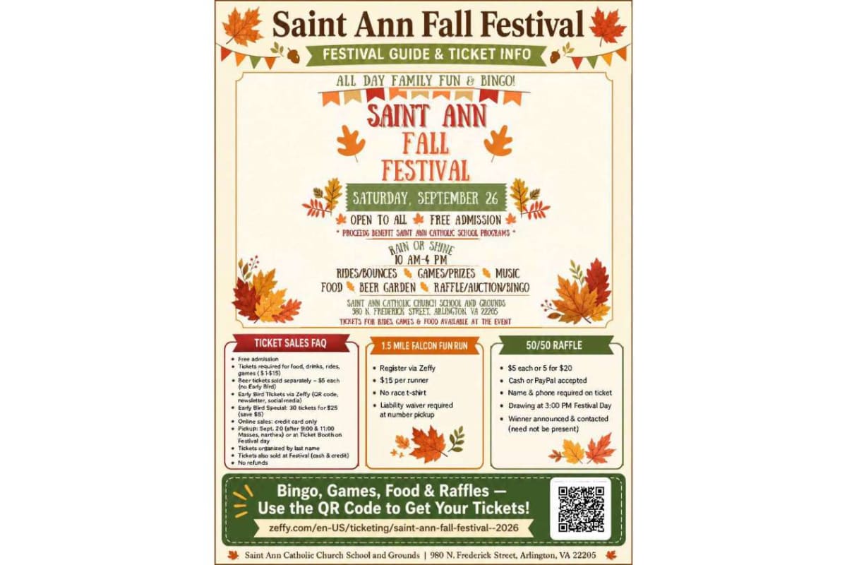Saint Ann Fall Festival poster announcing a family-friendly event with games, food, bingo, and a QR code for tickets (Sept. 26).