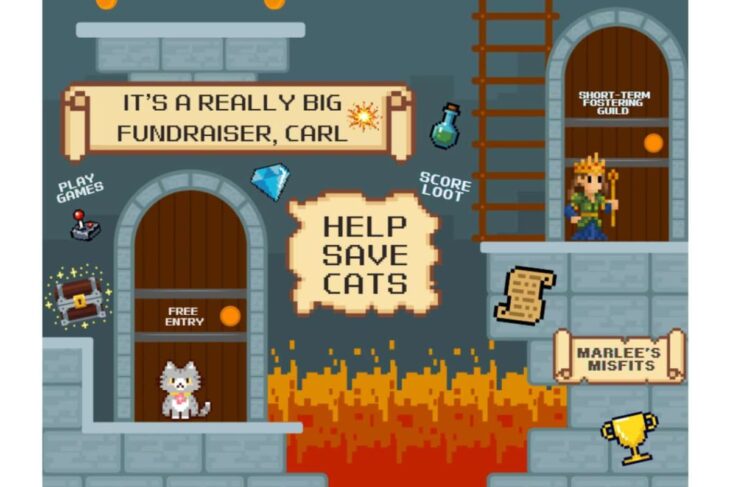 Pixel art game scene promoting a cat fundraiser: central 'Help Save Cats' sign, cat at a doorway, lava below.