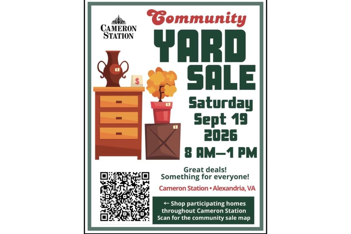 Poster for Cameron Station Community Yard Sale with a dresser and potted plant, date Sept 19, 2026, 8 AM–1 PM, includes QR code and map link.