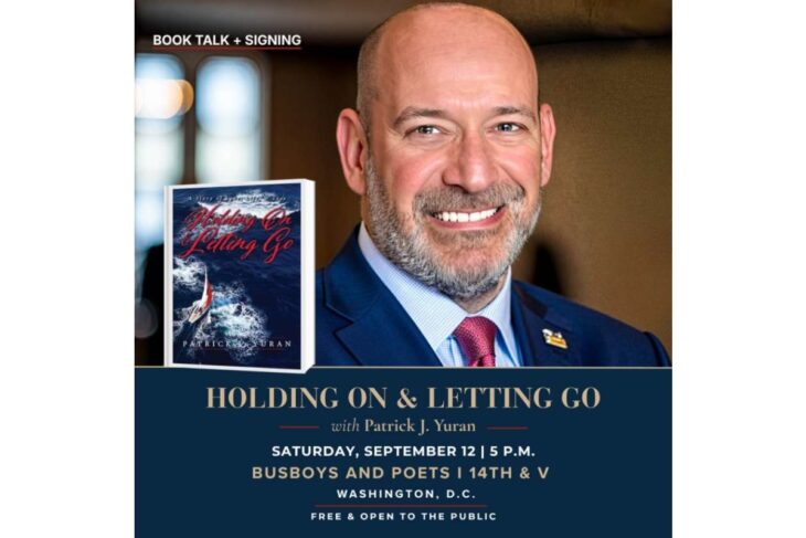 Promotional poster showing author Patrick J. Yuran smiling, book cover 'Holding On & Letting Go' on the left.